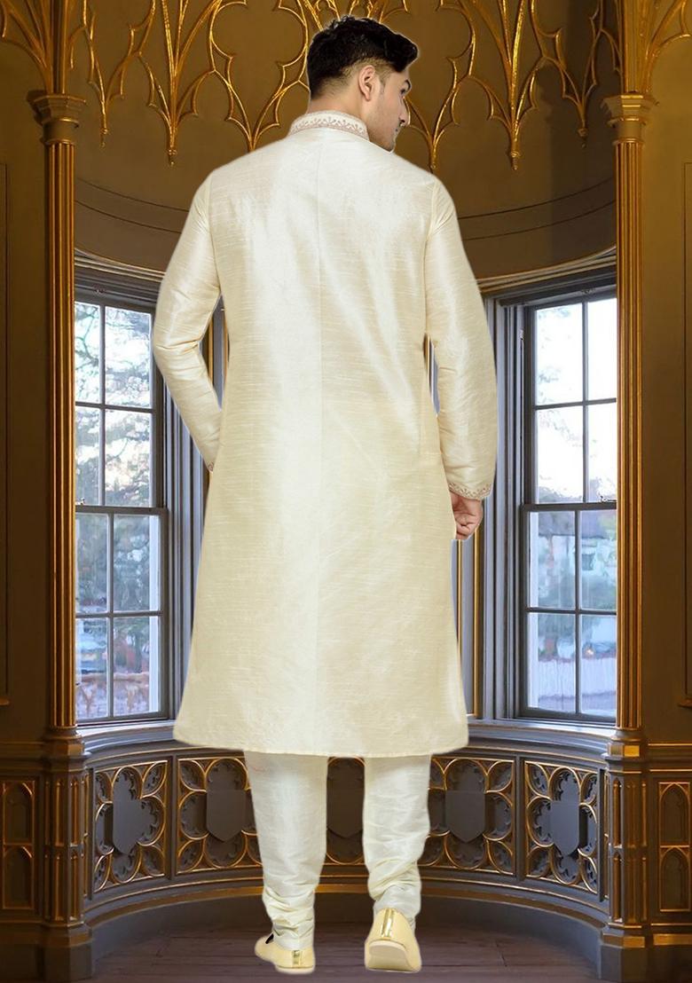 Fawn Yellow Embroidered Silk Kurta Set For Men