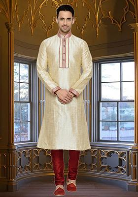 Fawn Yellow Embroidered Silk Kurta Set For Men