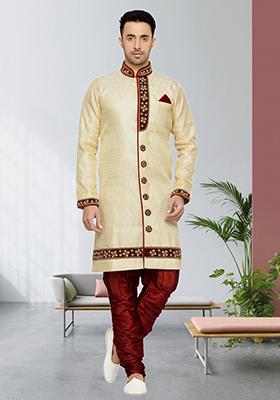 Fawn Yellow Embroidered Brocade Sherwani For Men
