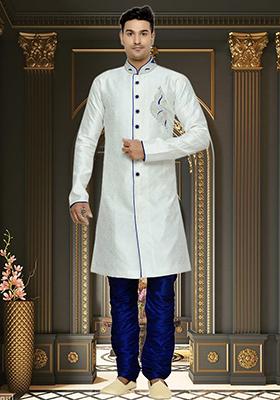 Cream Embroidered Brocade Sherwani For Men