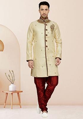 Fawn Yellow Embroidered Brocade Sherwani For Men