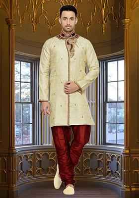 Fawn Yellow Embroidered Brocade Sherwani For Men