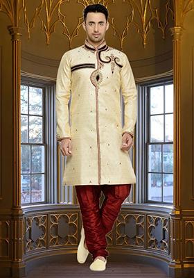 Fawn Yellow Embroidered Brocade Sherwani For Men