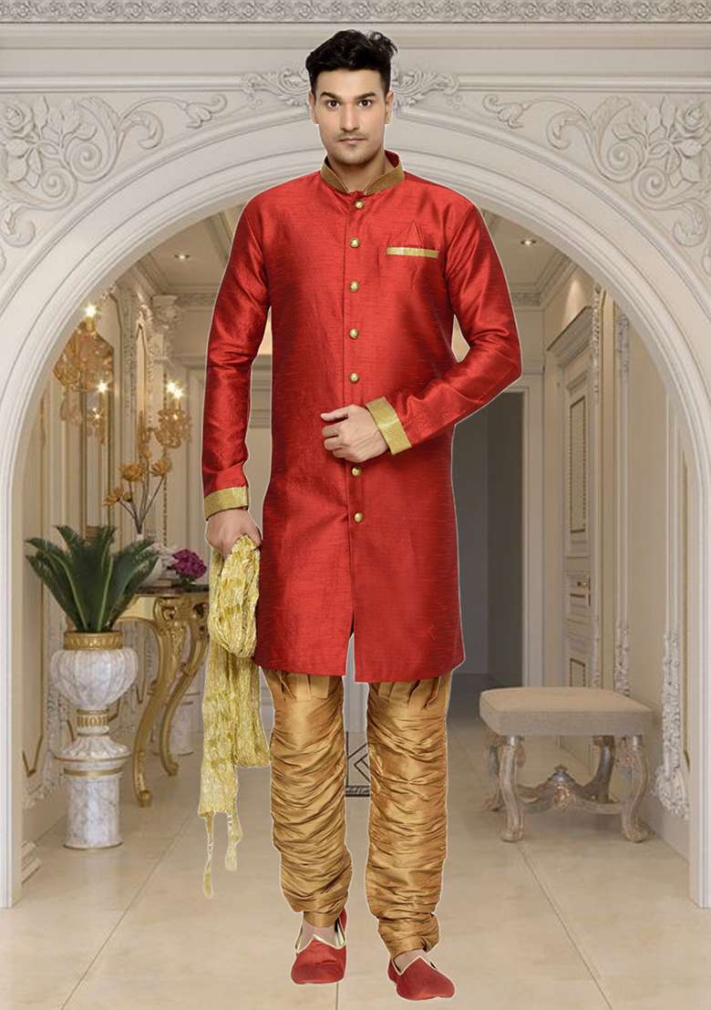 Maroon Embroidered Silk Blend Sherwani For Men - Indya