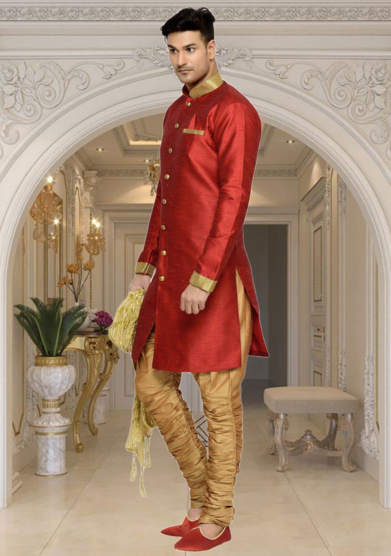 Maroon Embroidered Silk Sherwani For Men