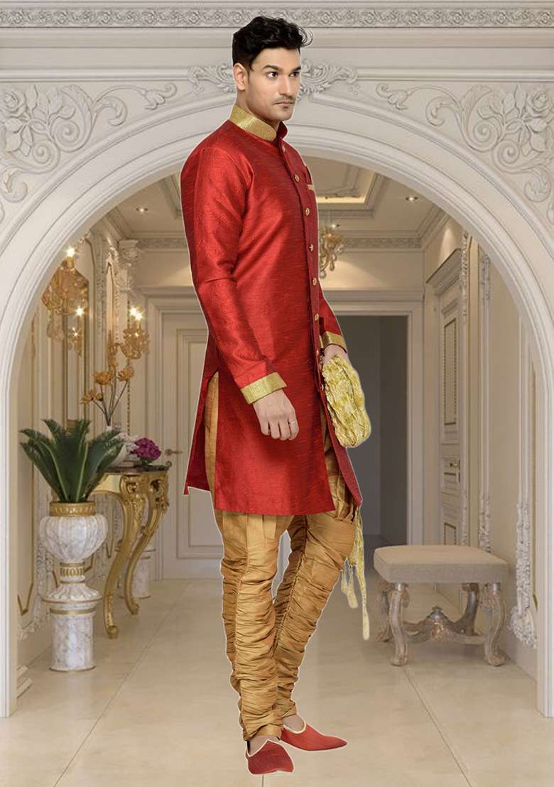 Maroon Embroidered Silk Blend Sherwani For Men - Indya