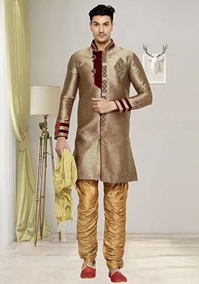 Grey Embroidered Silk Sherwani For Men