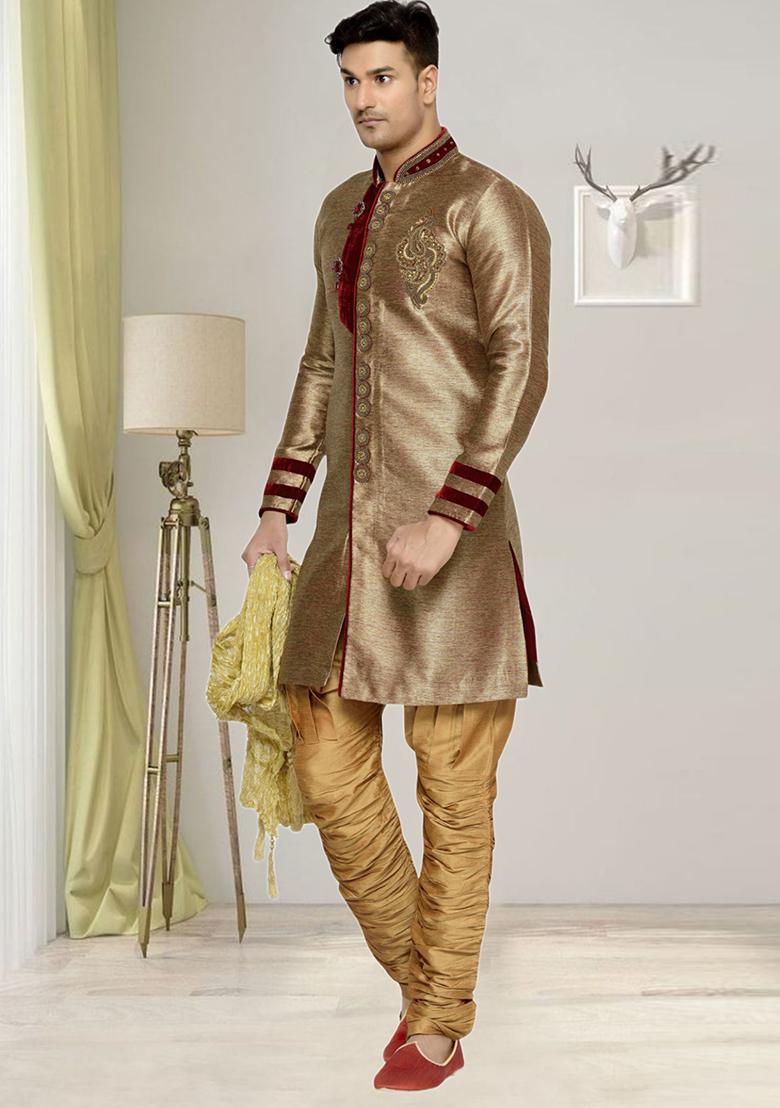 Grey Embroidered Silk Sherwani For Men