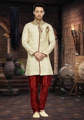 Fawn Yellow Embroidered Silk Sherwani For Men