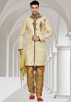 Fawn Yellow Embroidered Brocade Sherwani For Men