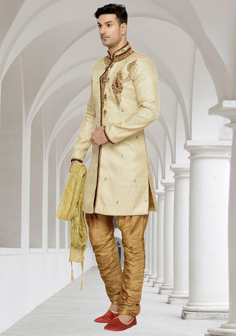 Fawn Yellow Embroidered Brocade Sherwani For Men