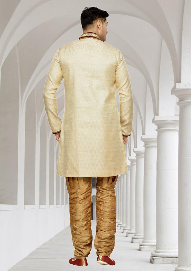 Fawn Yellow Embroidered Brocade Sherwani For Men