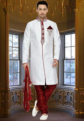 Cream Embroidered Brocade Sherwani For Men
