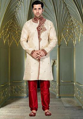 Fawn Yellow Embroidered Brocade Sherwani For Men