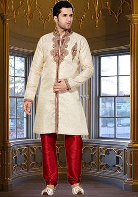 Fawn Yellow Embroidered Brocade Sherwani For Men