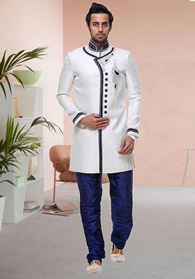 Cream Embroidered Brocade Sherwani For Men
