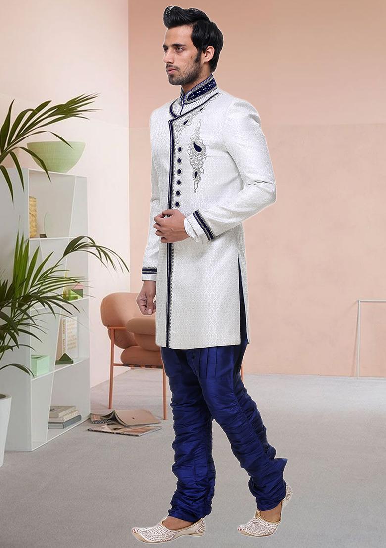 Cream Embroidered Brocade Sherwani For Men