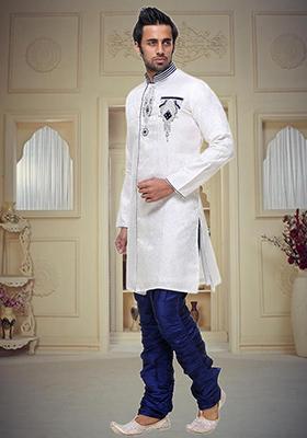 Cream Embroidered Brocade Sherwani For Men