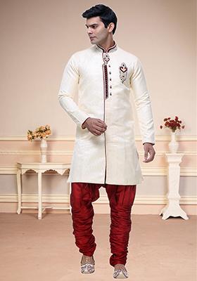 Cream Embroidered Brocade Sherwani For Men
