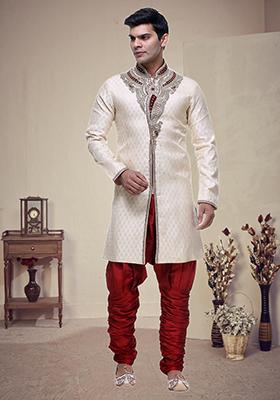 Fawn Yellow Embroidered Brocade Sherwani For Men