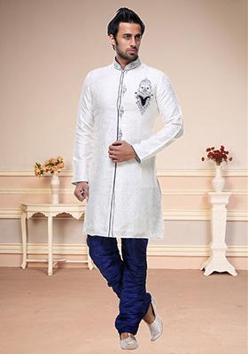 Cream Embroidered Brocade Sherwani For Men