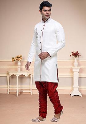 Cream Embroidered Brocade Sherwani For Men