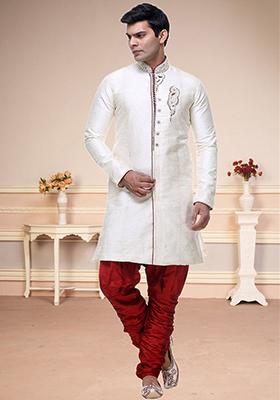 Cream Embroidered Brocade Sherwani For Men