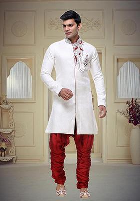 Cream Embroidered Brocade Sherwani For Men