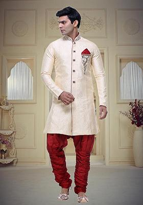 Fawn Yellow Embroidered Brocade Sherwani For Men