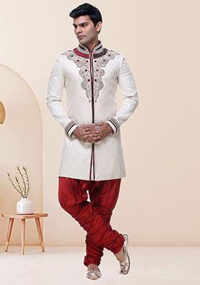 Cream Embroidered Brocade Sherwani For Men