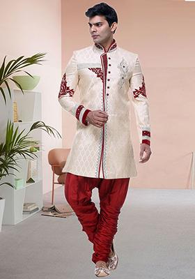 Cream Embroidered Brocade Sherwani For Men