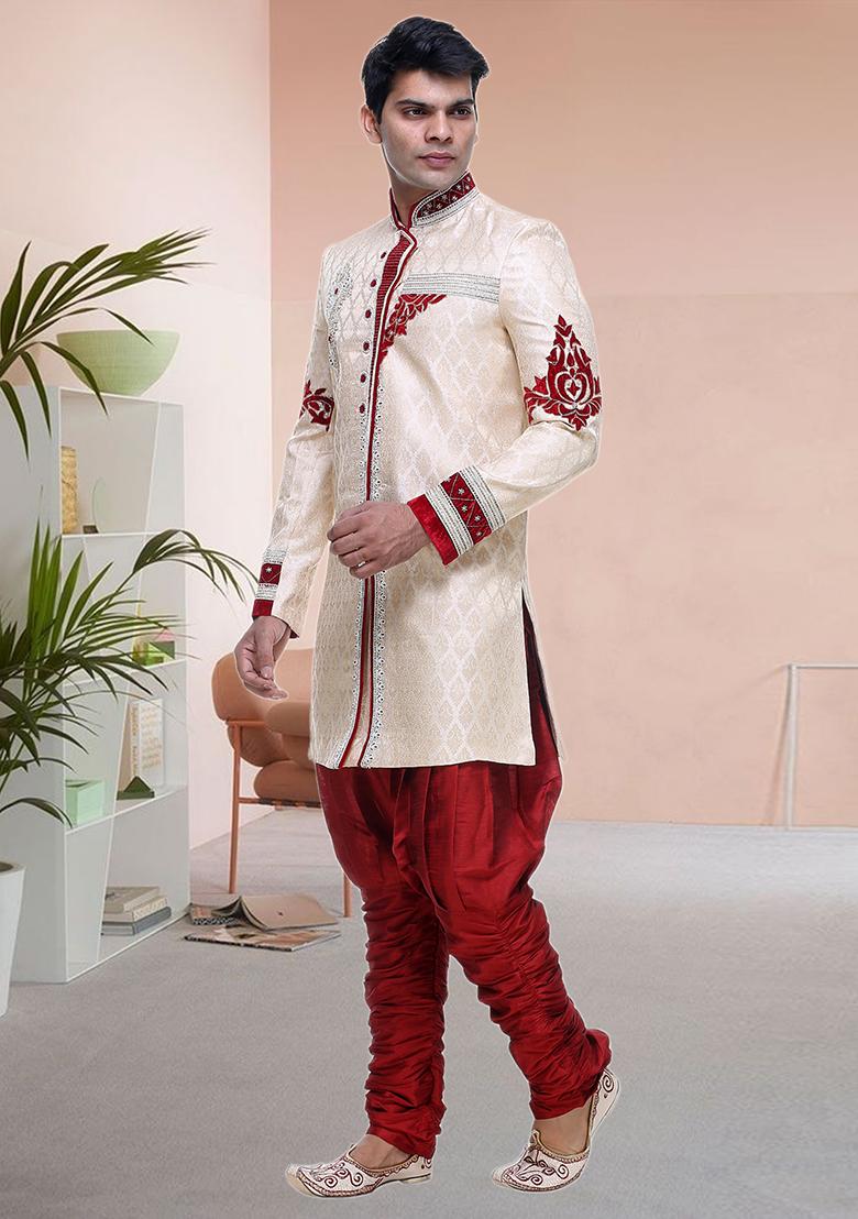 Cream Embroidered Brocade Sherwani For Men