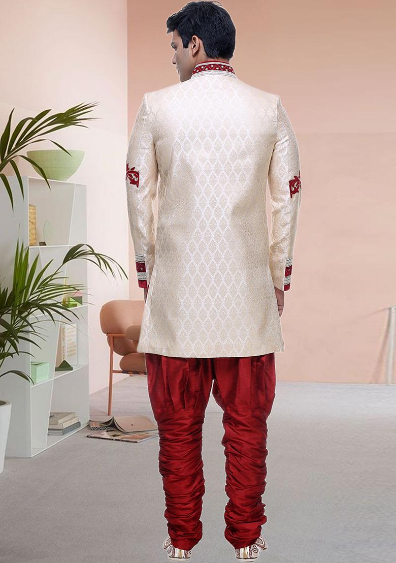 Cream Embroidered Brocade Sherwani For Men