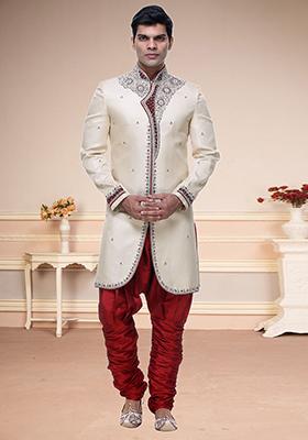 Fawn Yellow Embroidered Brocade Sherwani For Men