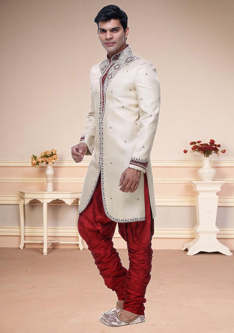 Fawn Yellow Embroidered Brocade Sherwani For Men