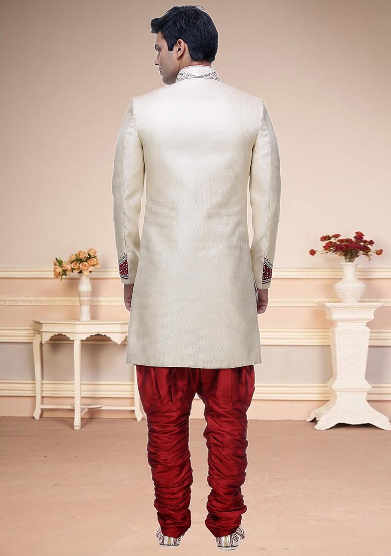 Fawn Yellow Embroidered Brocade Sherwani For Men