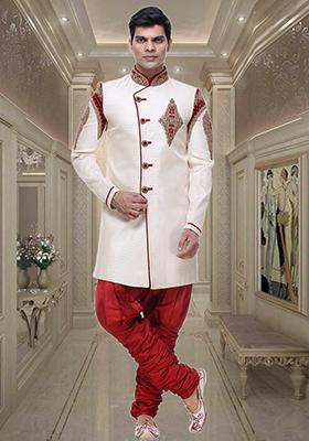 Fawn Yellow Embroidered Brocade Sherwani For Men