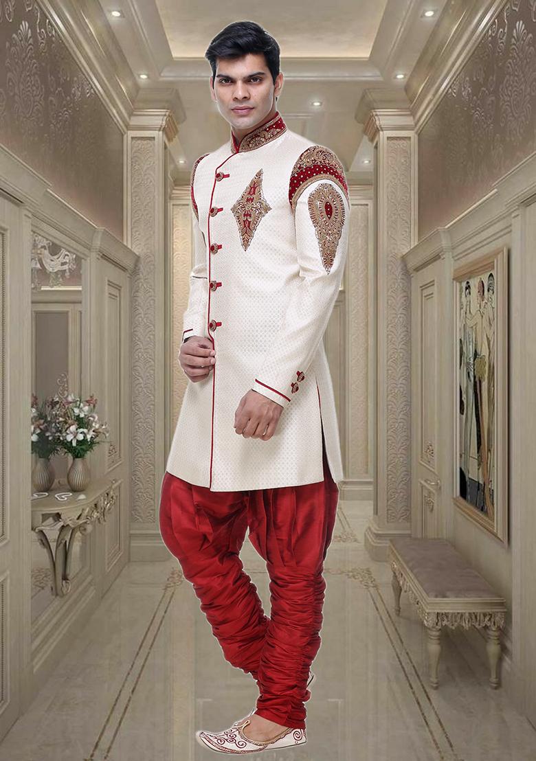 Fawn Yellow Embroidered Brocade Sherwani For Men