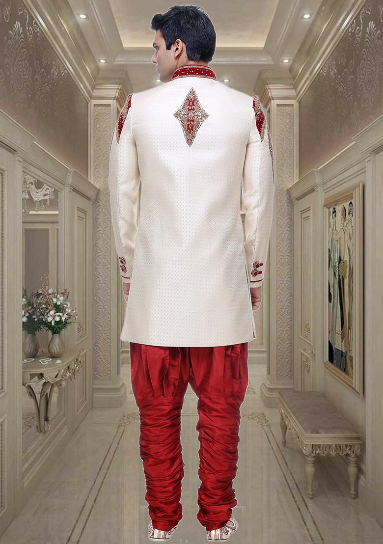Fawn Yellow Embroidered Brocade Sherwani For Men
