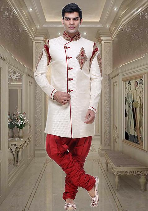 Fawn Yellow Embroidered Brocade Sherwani For Men