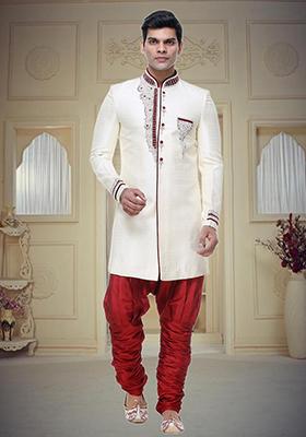 Cream Embroidered Brocade Sherwani For Men