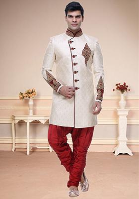 Fawn Yellow Embroidered Brocade Sherwani For Men