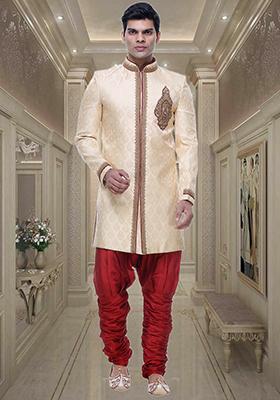 Fawn Yellow Embroidered Brocade Sherwani For Men