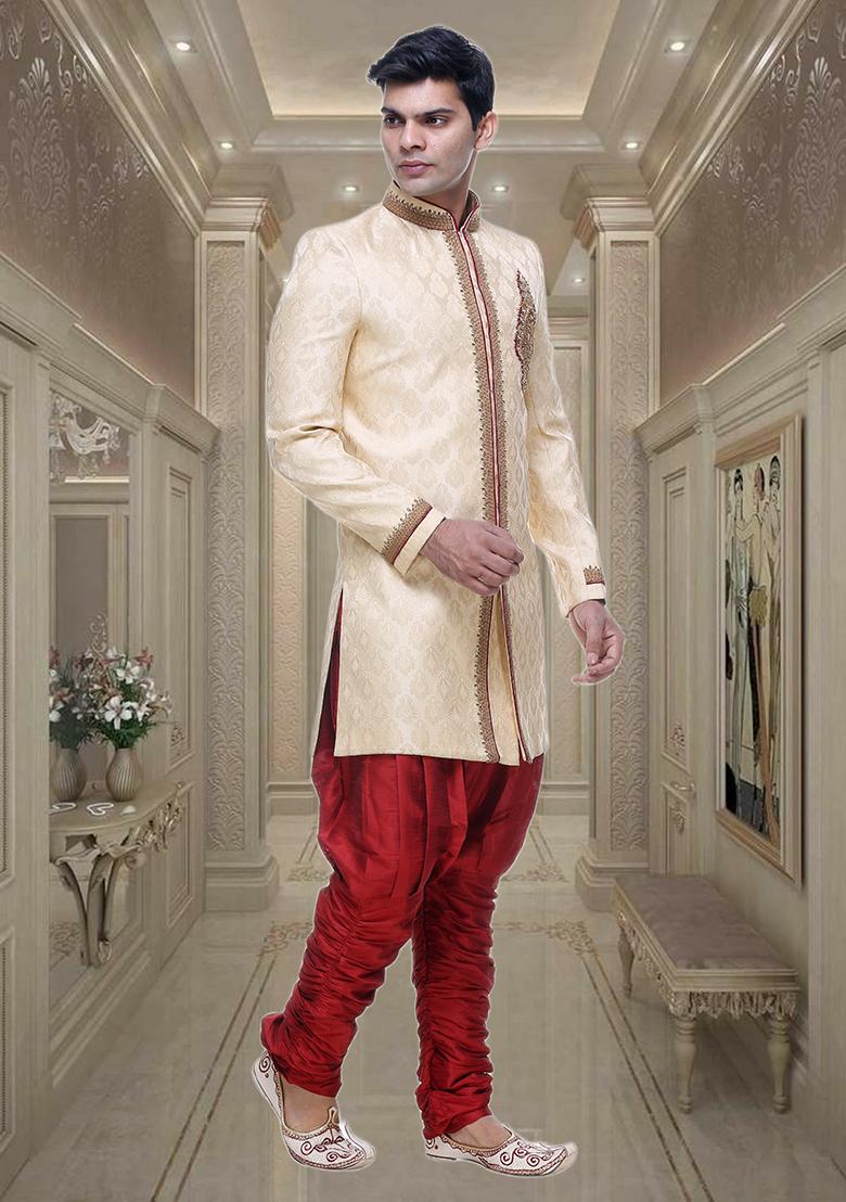 Fawn Yellow Embroidered Brocade Sherwani For Men