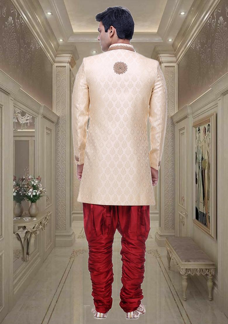 Fawn Yellow Embroidered Brocade Sherwani For Men