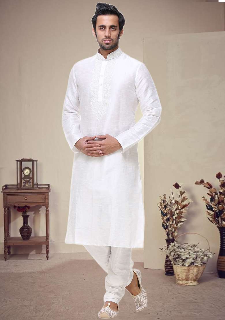 Off White Embroidered Silk Blend Kurta Set For Men - Indya