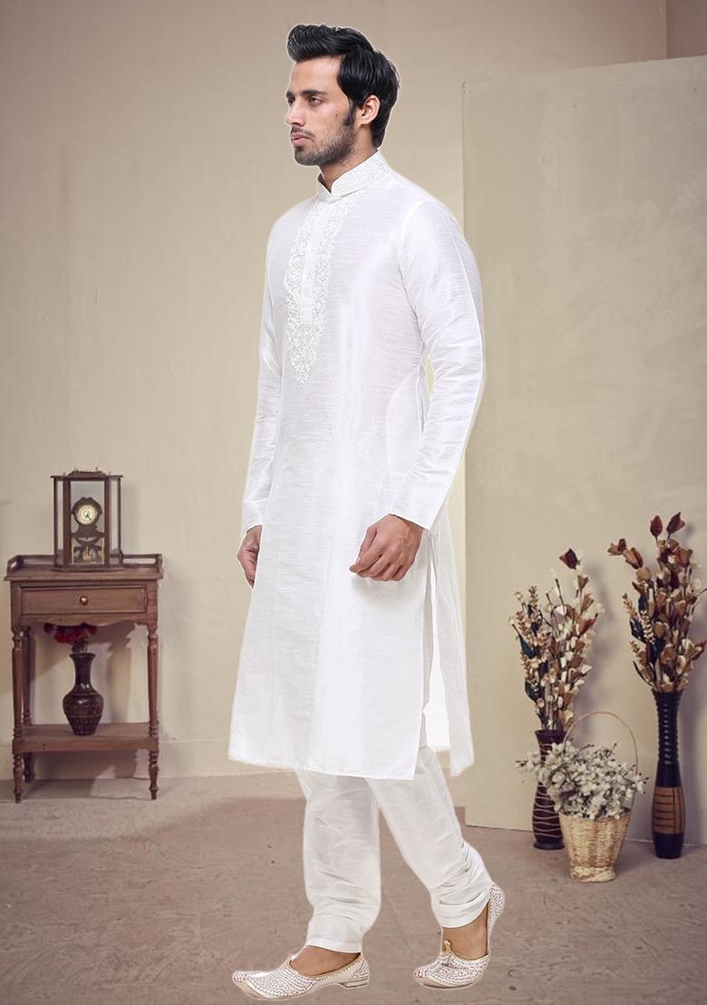 Off White Embroidered Silk Kurta Set For Men