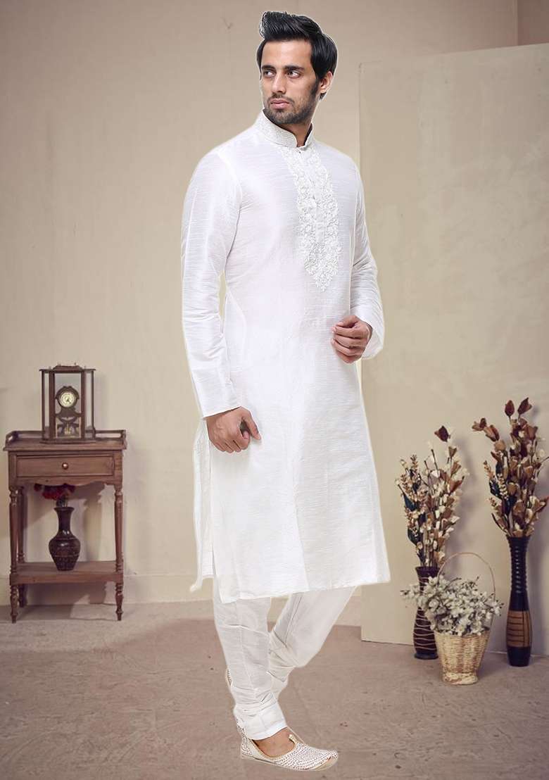Off White Embroidered Silk Blend Kurta Set For Men - Indya