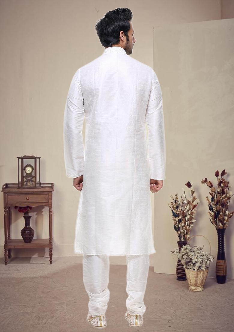 Off White Embroidered Silk Kurta Set For Men