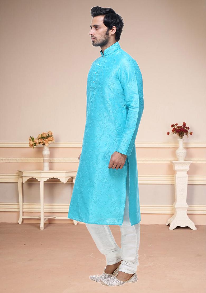 Firozi Blue Embroidered Silk Kurta Set For Men